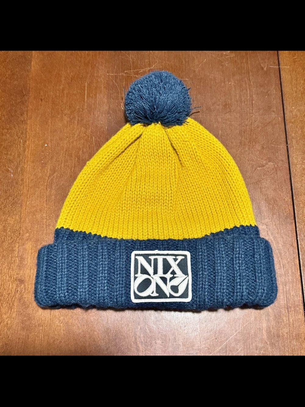 Nixon Yellow Knit Pom Beanie with Navy Cuff